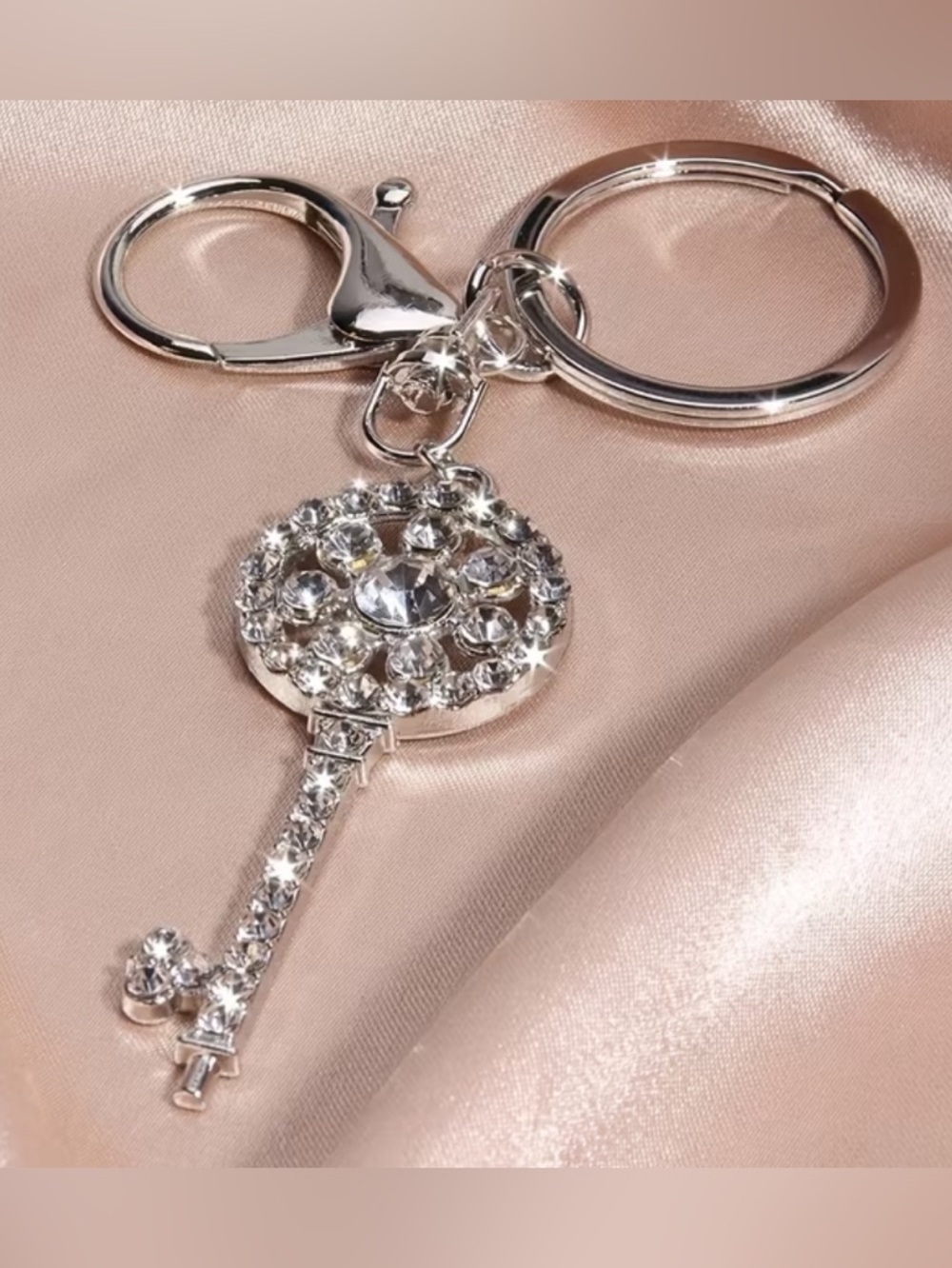 Silver Crystal Key Charm Keyring - Women's Accessory